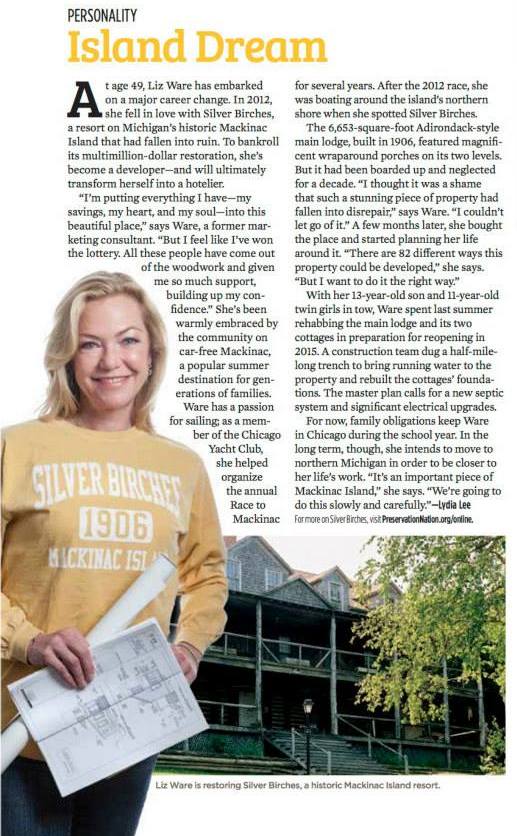 There was a great little article in Preservation Magazine on Liz Ware and her progress on the renovation and restoration of Silver Birches.  Liz and her construction team have been working hard all winter and are now scheduled to appear at public meetings and commission meetings to get approvals on some of the final plans.  We're praying the community, the commission and this huge undertaking by Liz will all come together for the good of Mackinac Island.  Liz's promise to restore Silver Birches to its former glory 