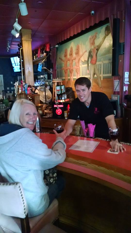 Hilde at the Pink Pony.  She asked Jacob, our favorite bartender, which stool was Ted's, and he told her ALL of them!  
