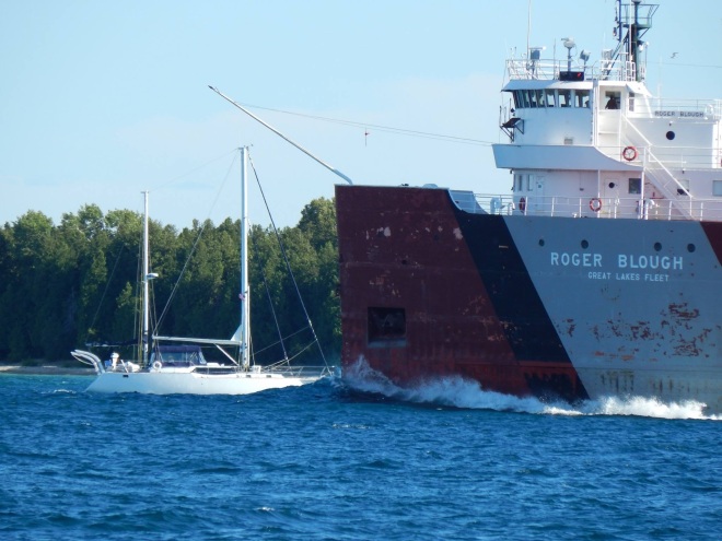 This could have been really bad.  The freighter Roger Blough sounded its horn EIGHT times (five is the signal for danger) at this sailboat that was heading straight for it.  858' freighters can't just stop or turn on a dime.  Luckily, the sailboat finally maneuvered out of the way.  (Photo: Ed McGreevy)