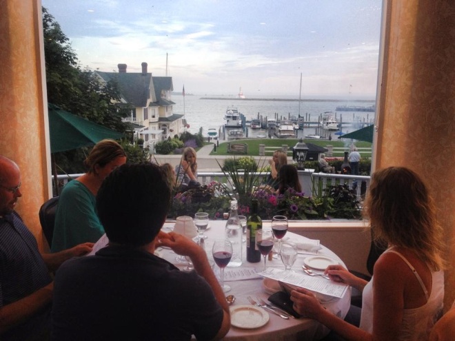 Beautiful view of the Mackinac Island Marina from one of the front tables inside the Island House Restaurant, the 1852 Grill Room.